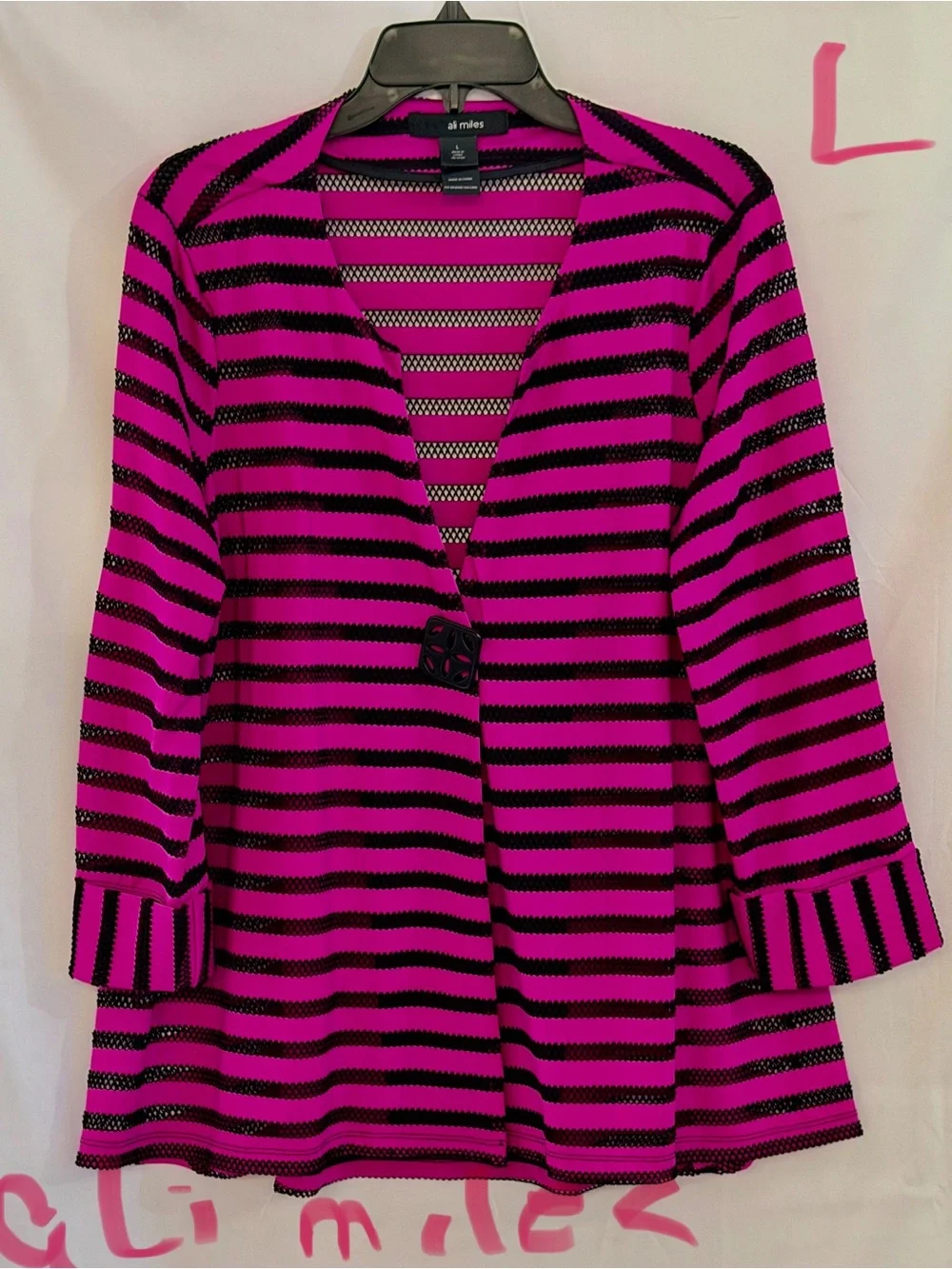Ali Miles Fuchsia and Black Striped Mesh Swim Coverup